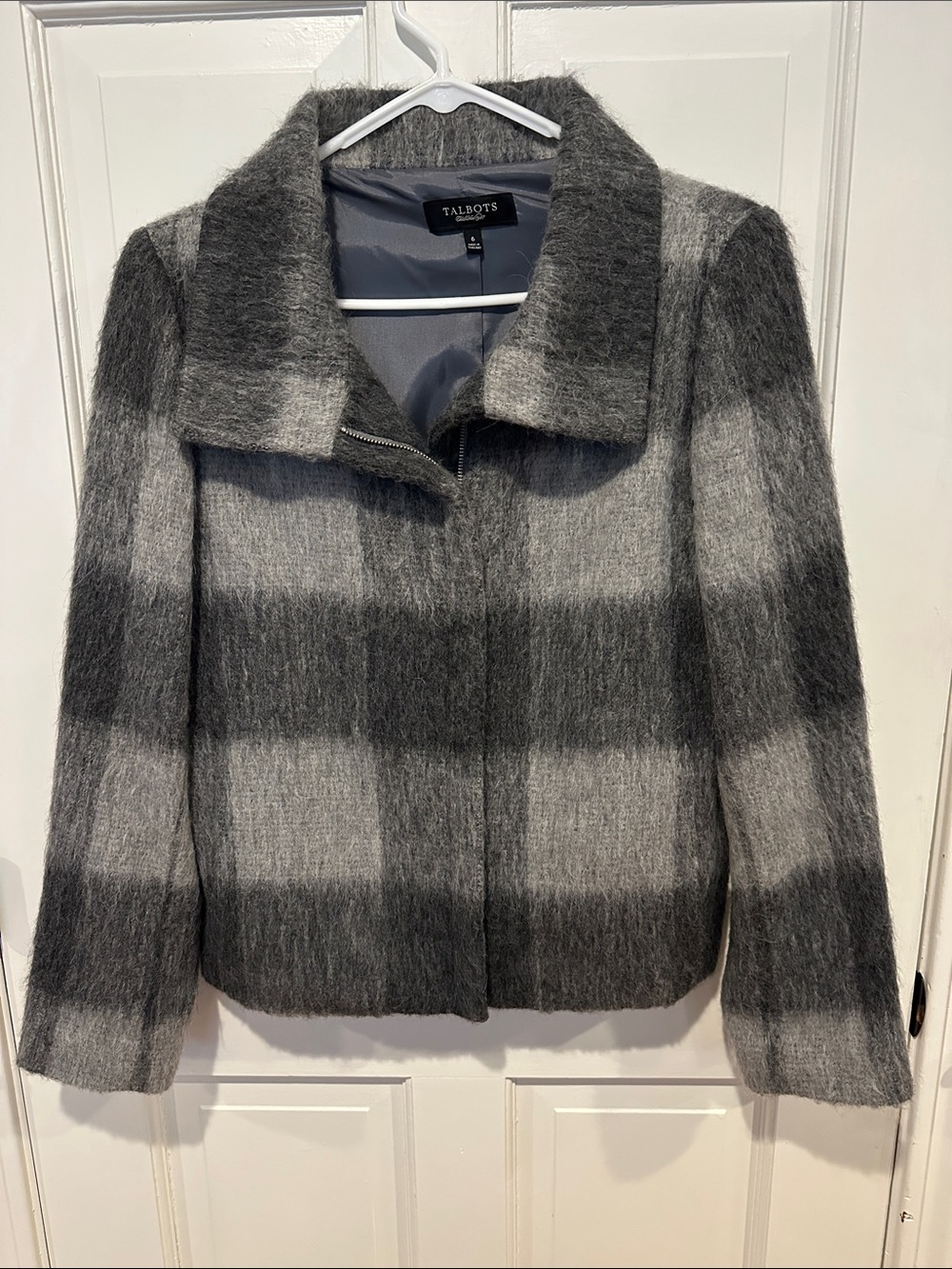 Talbots Gray & Charcoal Plaid Teddy Jacket